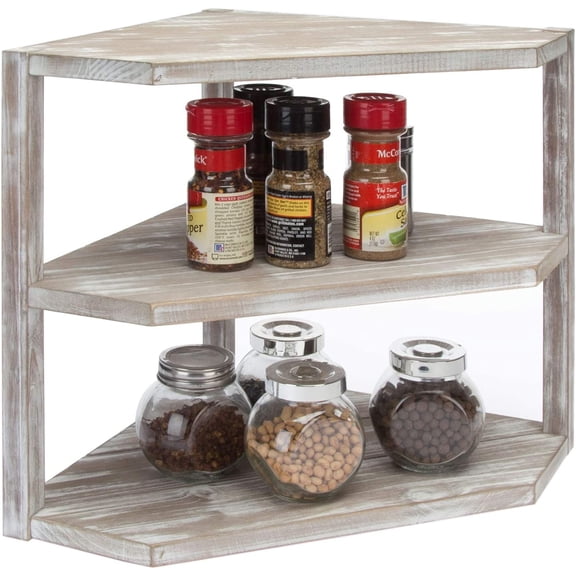 Rustic Brown Washed Solid Wood Kitchen Counter Corner Shelf, 3 Tier Storage Organizer Spice Rack Condiment Shelf
