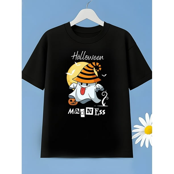 Halloween T-shirt - "Ghost" Graphic Print Crew Neck T-Shirt - Machine Washable, Micro Stretch Fabric, Cartoon Design with Pumpkin & Witch Hat, Ideal for Teens Under 14 Years Old, Summer