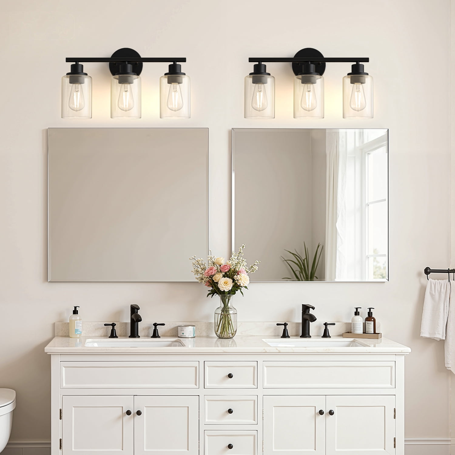 YANSUN 17 in Matte Black 3-Light Industrial Vanity Light with Clear Glass Shades for Bathroom Hallway Living Room  E26 Base (Bulbs Not Included)