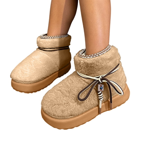Shrysg Women's Fuzzy Lace-Up Platform Snow Boots Vintage Round Toe Warm Ankle Boots Comfortable Slip-On Short Boots for Fall Winter Daily Wear Khaki