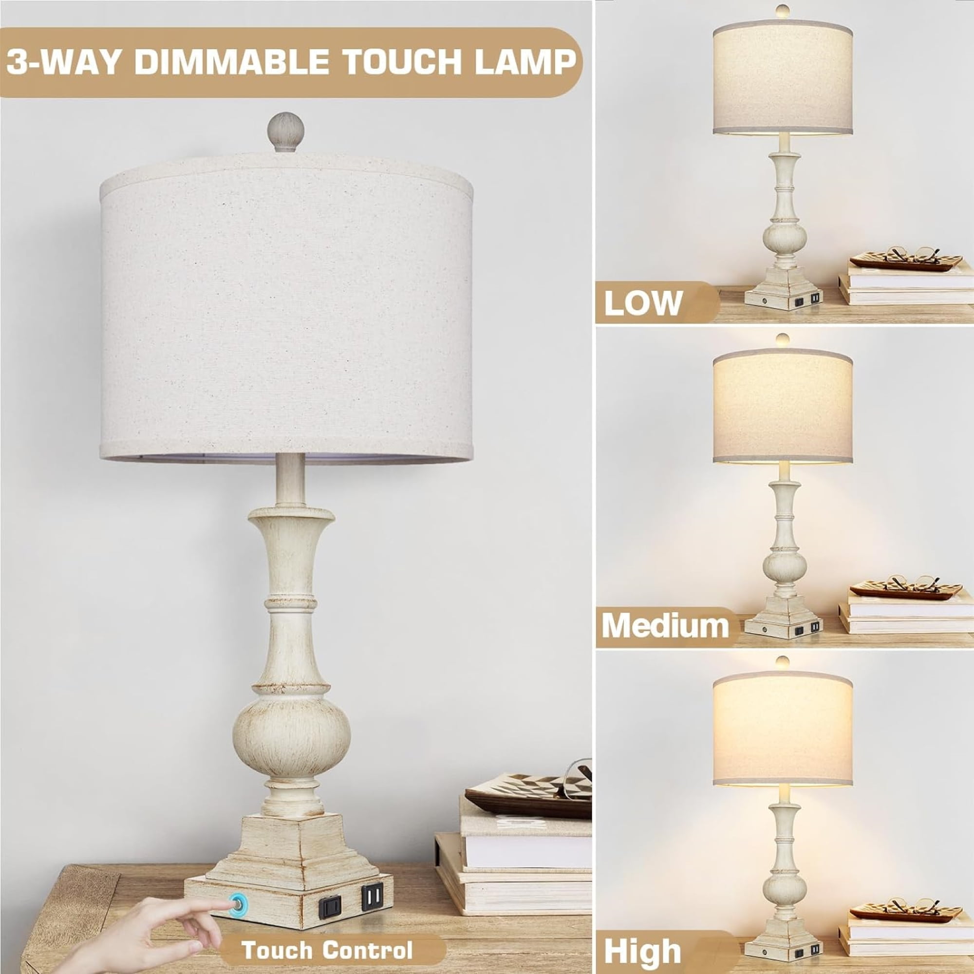 Cinkeda 3 Way Dimmable Touch Table Lamp Set of 2 for Bedroom Living Room Modern Farmhouse Resin Bedside Nightstand Lamps with USB Ports AC Outlet