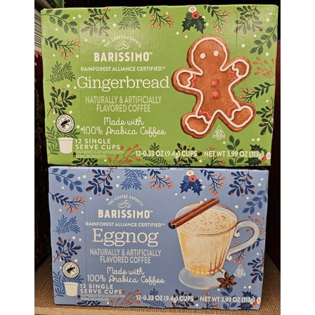 Barissimo Gingerbread & Eggnog 12 Cups Medium Coffee 3.99oz 113g (2 Boxes)