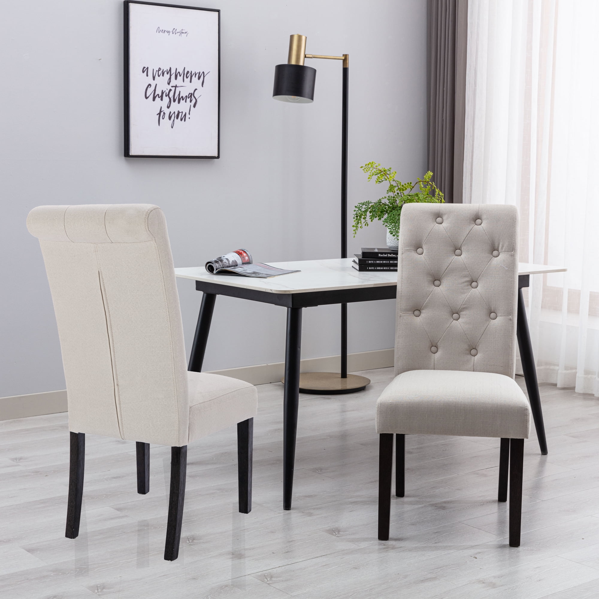 Modern Elegant Button-Tufted Fabric Dining Chair, 2-Pcs Set, Light Beige