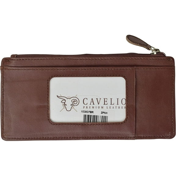 Cavelio Leather Thin Vertical Stacker Card Case Wallet with ID Window Brown