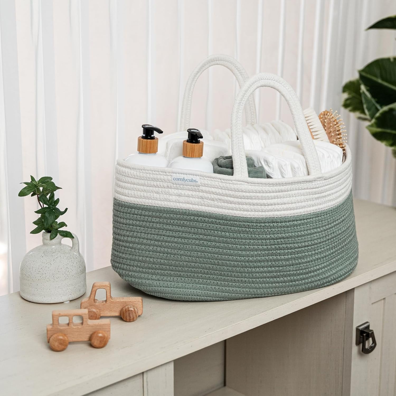 Comfy Cubs Diaper Caddy Organizer for Baby - Large Portable with Dividers for Diapers & Wipes, Sage