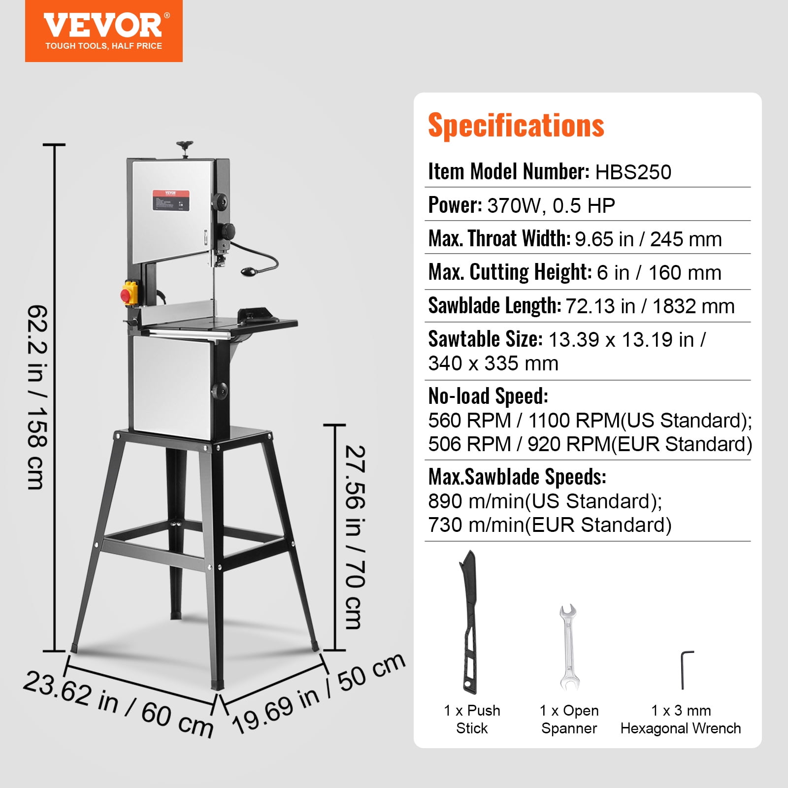 VEVOR Benchtop Band Saw, 10-Inch, Dual-Speed (560 & 1100 RPM), 370W 1/2HP Motor, Includes Metal Stand, Work Light, Fence, and Miter Gauge for Wood, Aluminum, Plastic Crafting