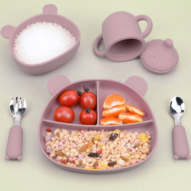 5Pcs Baby Feeding Set with Bowl/Plate/Cup/Spoon/Folk Food-Grade Silicone Baby Toddler Tableware Set Non-Slip Self-Feeding Baby Cutlery Set with Suction for Home Baby Toddler