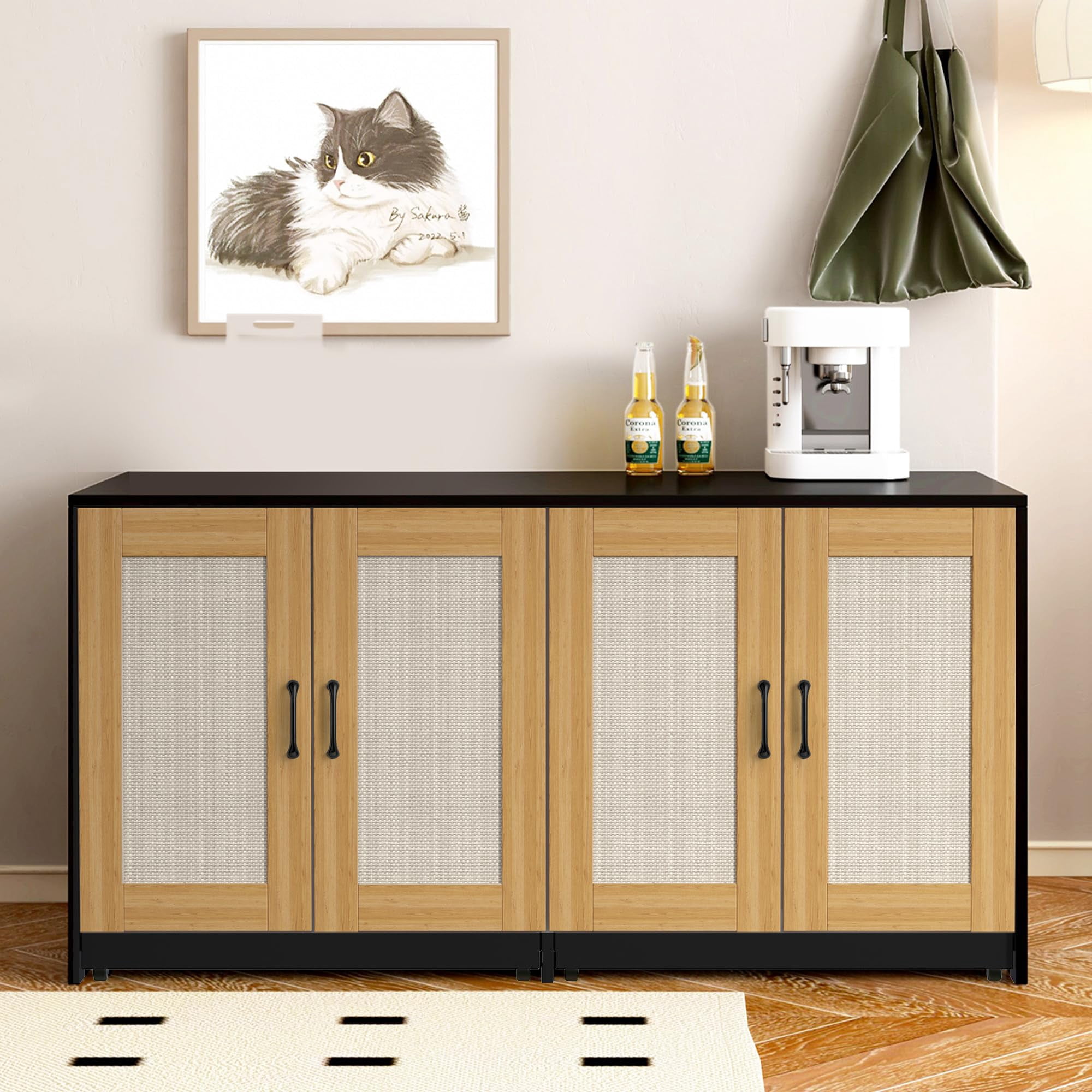 Huisuilinss Cat Litter Box Enclosure With Rattan Door,47" Hidden Litter Box With Double Room,Wood Cat Washroom Furniture,Cat House TV Stand,End Side Table Sideboard With 4 Sisal Doors