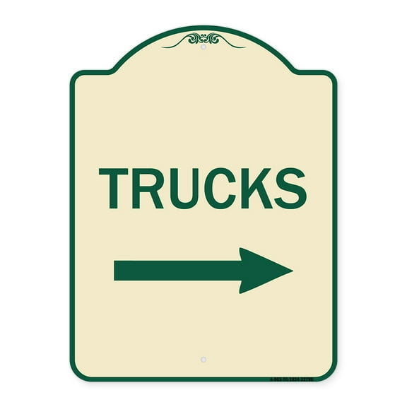 SignMission Designer Series Sign - Trucks Sign Trucks (With Right Arrow) | Tan & Green 18" x 24" Heavy-Gauge Aluminum Architectural Sign | Protect Your Business & Municipality | Made in