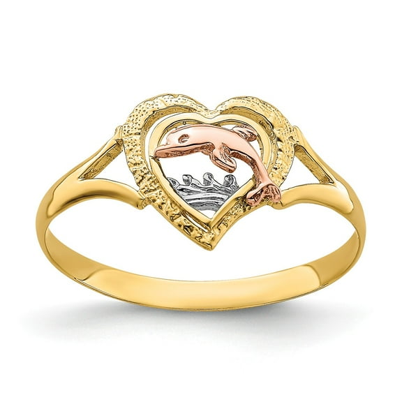 14K Two-Tone Gold Ring Band Themed Yellow & Rose with Rhodium Dolphin in Heart