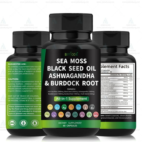 Sea Moss Black Seed Oil Ashwagandha Ginger Capsules. SeaMoss Capsules with Black Seed Oil, Ashwagandha, Turmeric, Moringa, Bladderwrack, Burdock Root, Manuka Honey, Cinnamon