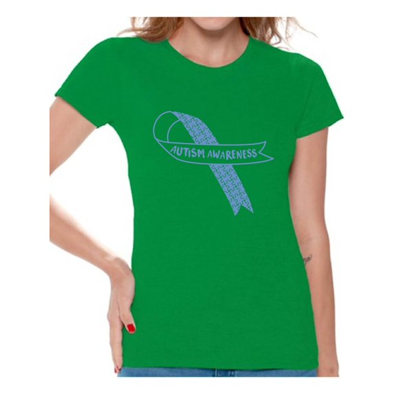 Awkward Styles Women's Autism Awareness Blue Ribbon Graphic T-shirt Tops Autistic Support