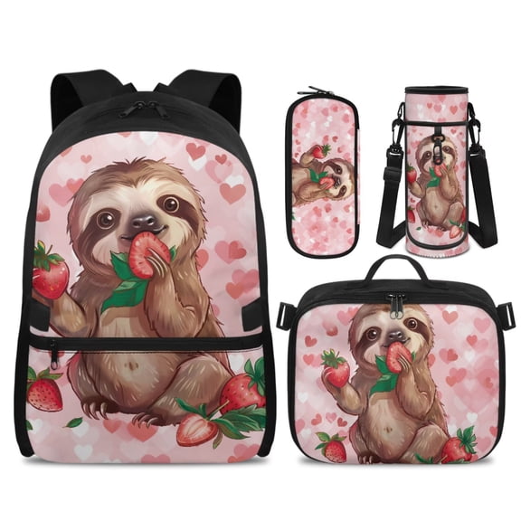 Yspwyqan Kids Backpack Set 4Pcs with Lunch Box Pencil Case Water Bottle Bag, Strawberry Sloth Lightweight Double Zipper Bookbags for School Travel