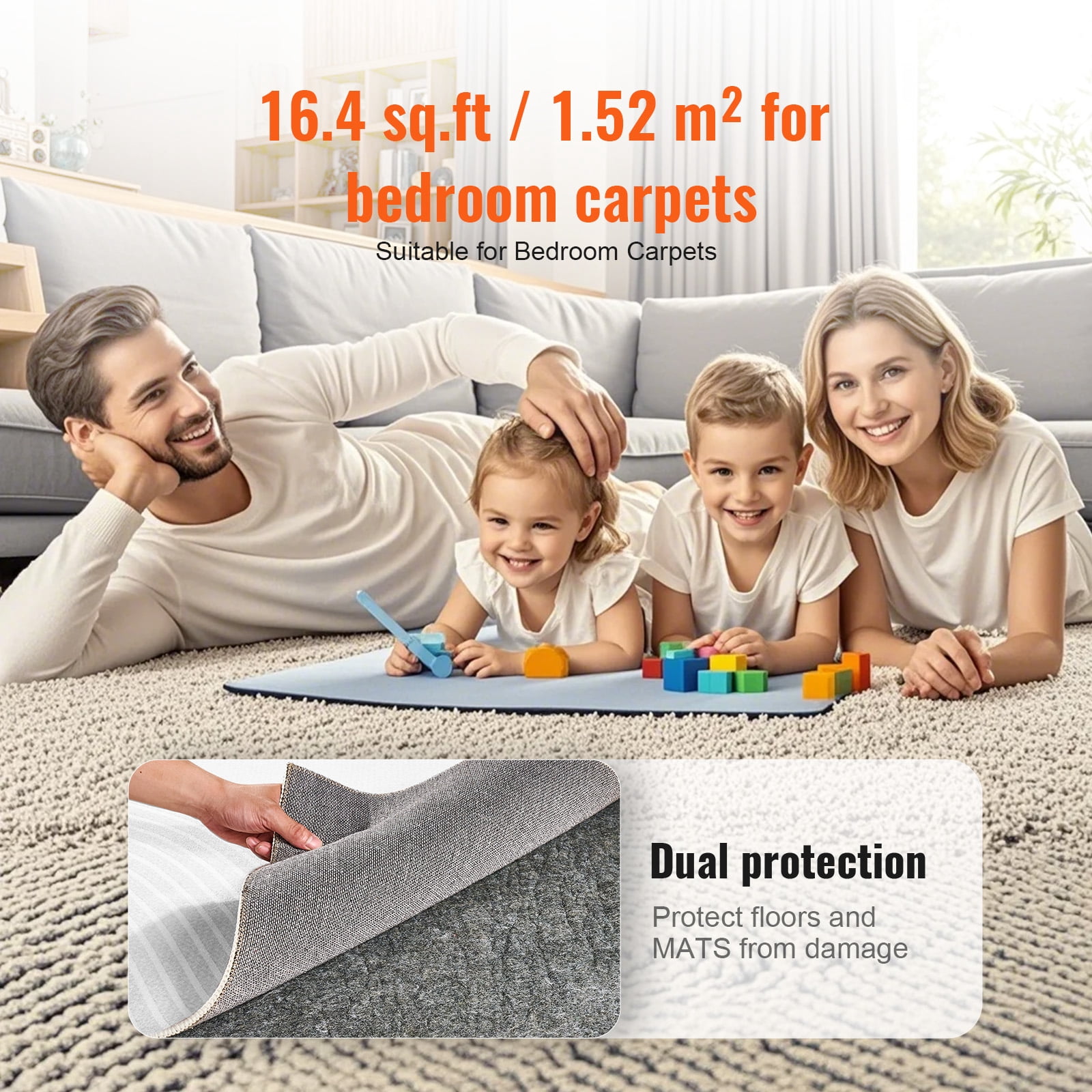 KFFKFF Non-Slip Rug Pad - Durable Cushioning Carpet Pad - 9' x 12' - 1/4" Thick - Dual-Sided Design - Polyester Felt + Latex - Gray - Suitable for 10-11㎡ Area - Floor-Safe Rug Cushion