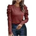 thumbnail image 2 of Royisotas Plain Women Tops Fall Long Sleeve Casual Wine Shirts for Women Plus Size Loose Fit Crew Neck Velvet Puffy Sleeve T-Shirts, 2 of 6