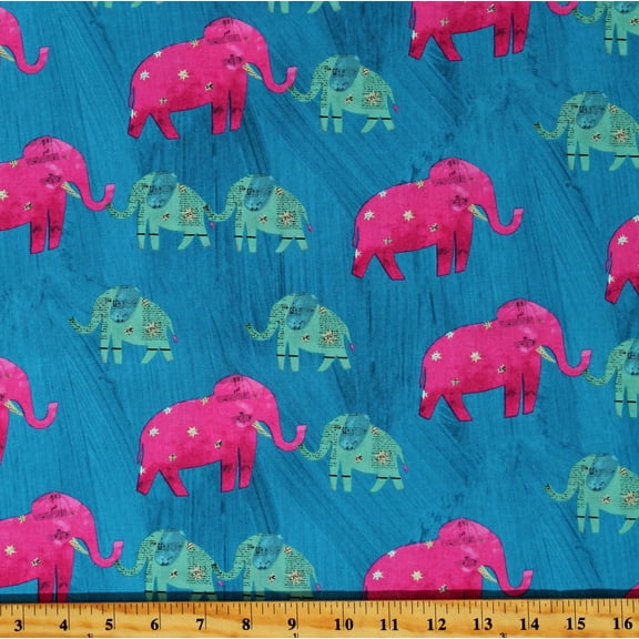 Cotton Elephants Wish Animals Print Words Music Notes Dark Teal Cotton Fabric Print by the Yard (51740-3)