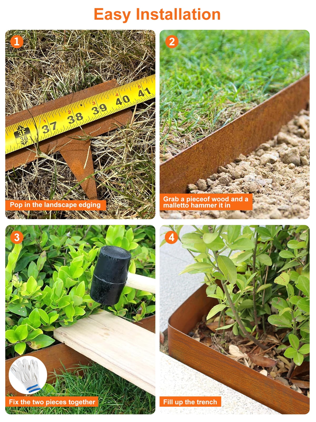 Vinci Landscape Edging Border, 40" L x 6" H 3Pack 10FT Total Rusted Corten Steel Garden Edging,Easy Installation,Sturdy Elegant Metal Lawn Broder for Flower Beds, Pathways, Paver Edges and Yard