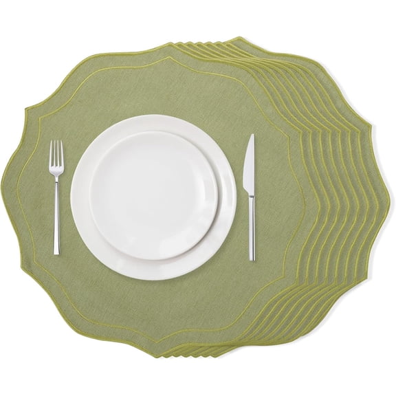 Set of 8 Cotton Linen Placemats, 15x15 Round Scalloped Cloth Table Mats, Embroidery Machine Washable, Wrinkle Resistance Fabric Place Mats for Wedding Summer Baby Shower Party Table Decor-Green