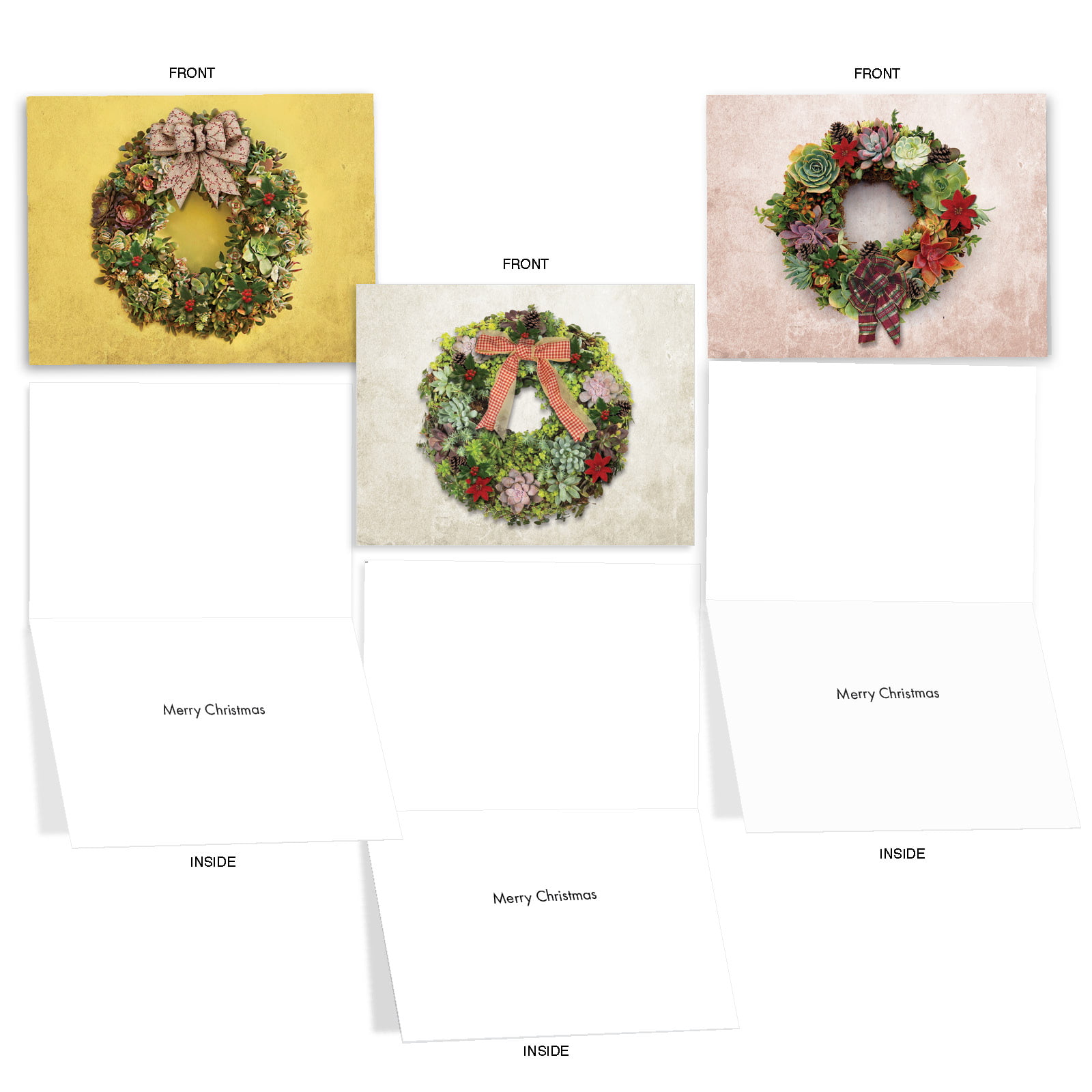 10 Boxed Merry Christmas Note Cards with Envelopes SUCCULENT WREATHS M2942XSB 