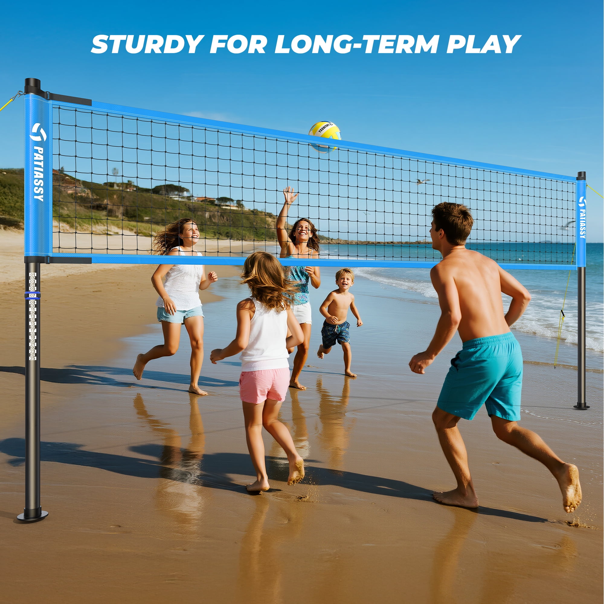 Patiassy Outdoor Portable Volleyball Net Set for Backyard Adjustable Height Steel Poles, PU Volleyball, Pump and Carrying Bag