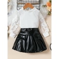 thumbnail image 5 of Aojekbee Kids Girl Fall Outfits Flower Embroidery Mesh Long Sleeve Tops and PU Leather Mini Skirts 2Pcs Clothes Set, 5 of 10