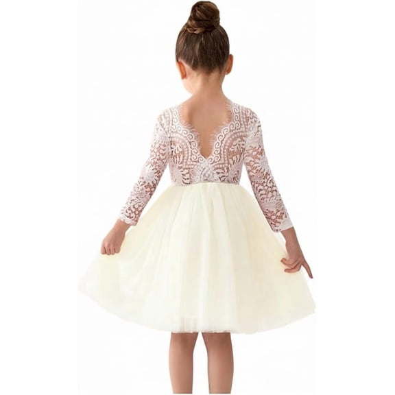 2Bunnies Girls' 12M-10yr Peony Lace Straight Long Sleeve Knee Flower Girl Dress