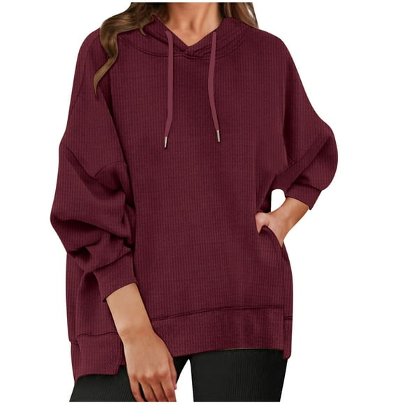 Rbaofujie Long Sweaters for Women Women's Solid Color Casual Long Sleeve Pocket Loose Oversized Hoodies Pullover Sweatshirt Wine Weighted Hoodie