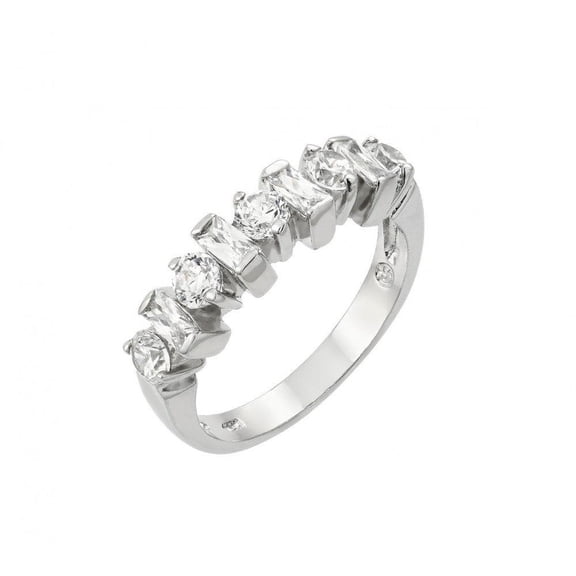 Sterling Silver 925 Rhodium Plated Clear Round Baguette Ring White CZ Jewelry Female Size 6