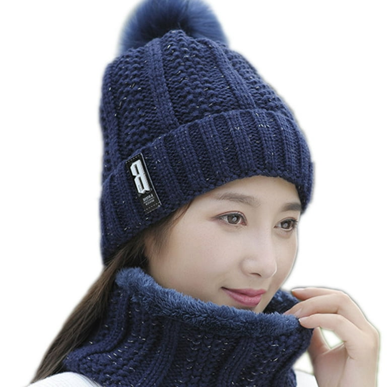 Winter knitted Hats Ski Cap Wool Lining Ball Cap Pompom Winter Hat For Women Girls Warm Knitted Cap navy blue