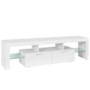 UHOMEPRO TV Stand for TV up to 80, High Gloss Entertainment Center with RGB LED Lights and Storage Shelves, White Media Console for Living Room