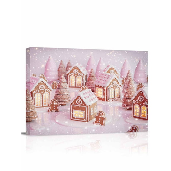 Pink Christmas Candy Canvas Print Wall Art Framed Canvas Art Wall Decor Xmas Tree Ginger Bread House Snowflake Pictures Painting Morden Artwork for Living Room Bedroom, Ready to Hang - 12"x16"