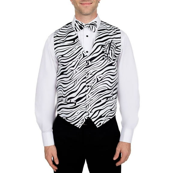 Men's Black - White Zebra Print Vest Bow Tie and Hanky Set