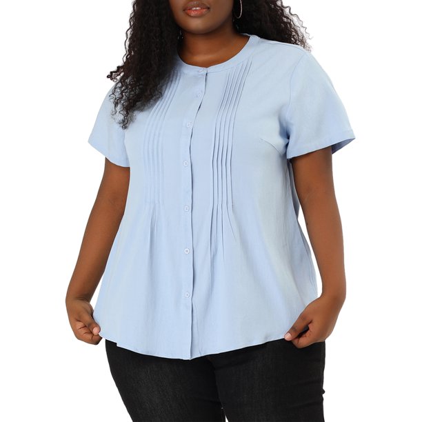 Agnes Orinda Women's Plus Size Work Formal Plain Short Sleeve Button