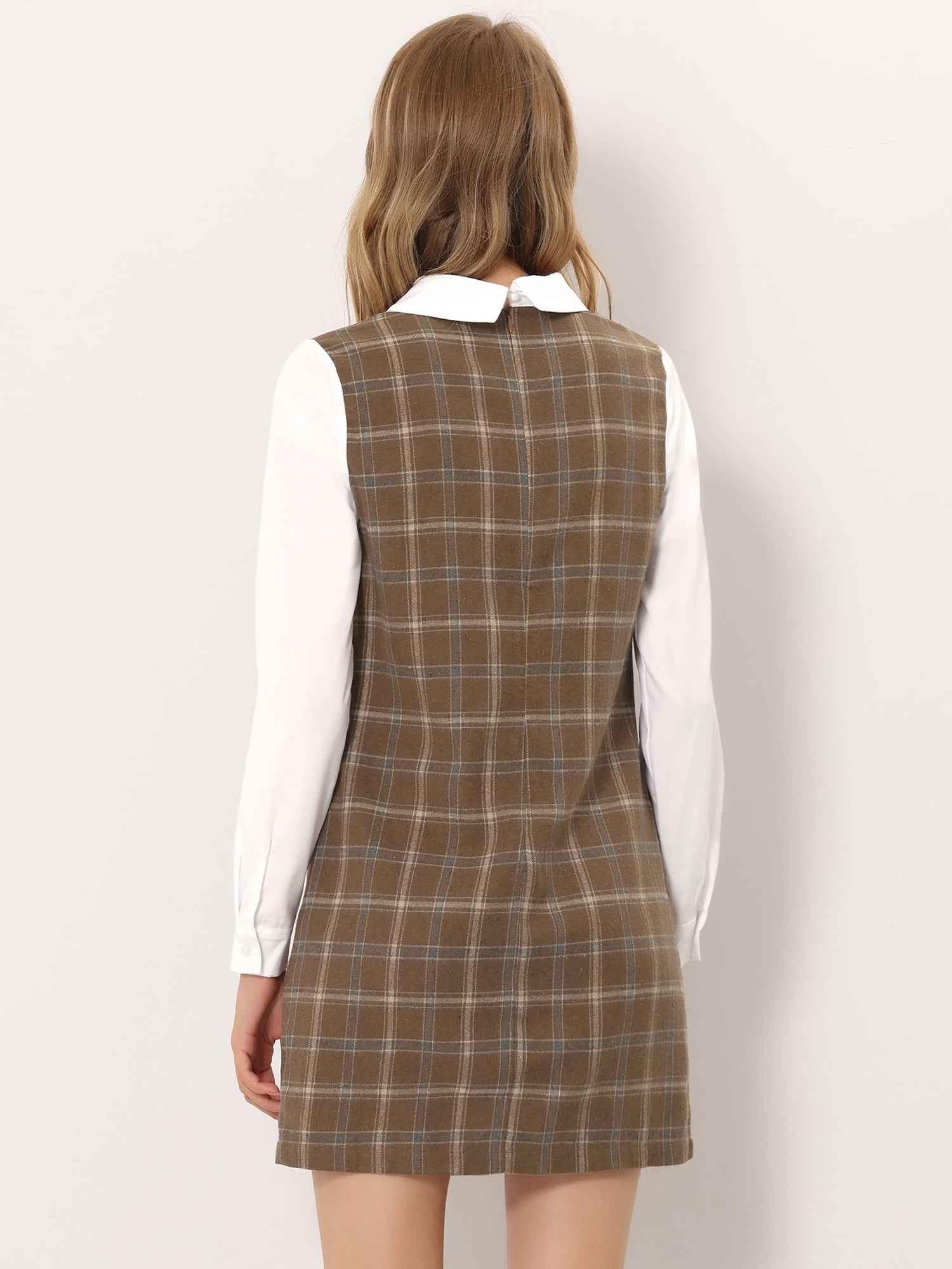 DARING DIVA Plaid Peter Pan Collar Long Sleeve Check Shift Dress XS Brown