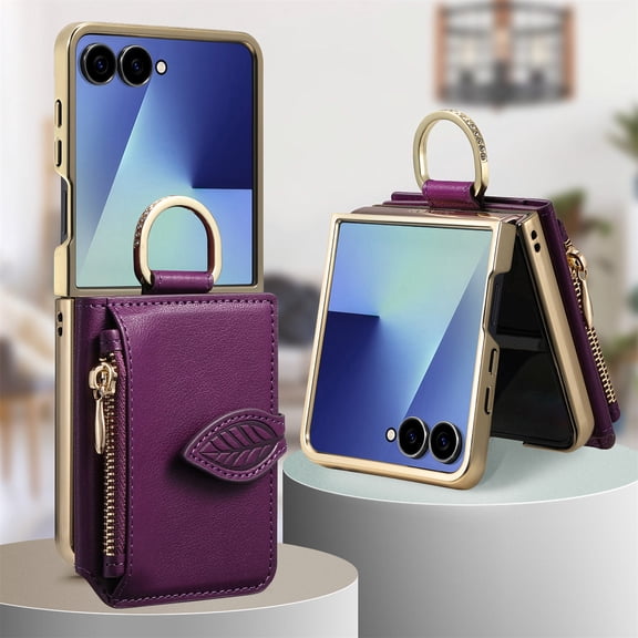 ELEHOLD For Samsung Galaxy Z Flip 7 Wallet Case Card Pocket Ring Holder Shockproof Leather Cover with Makeup Mirror,Purple