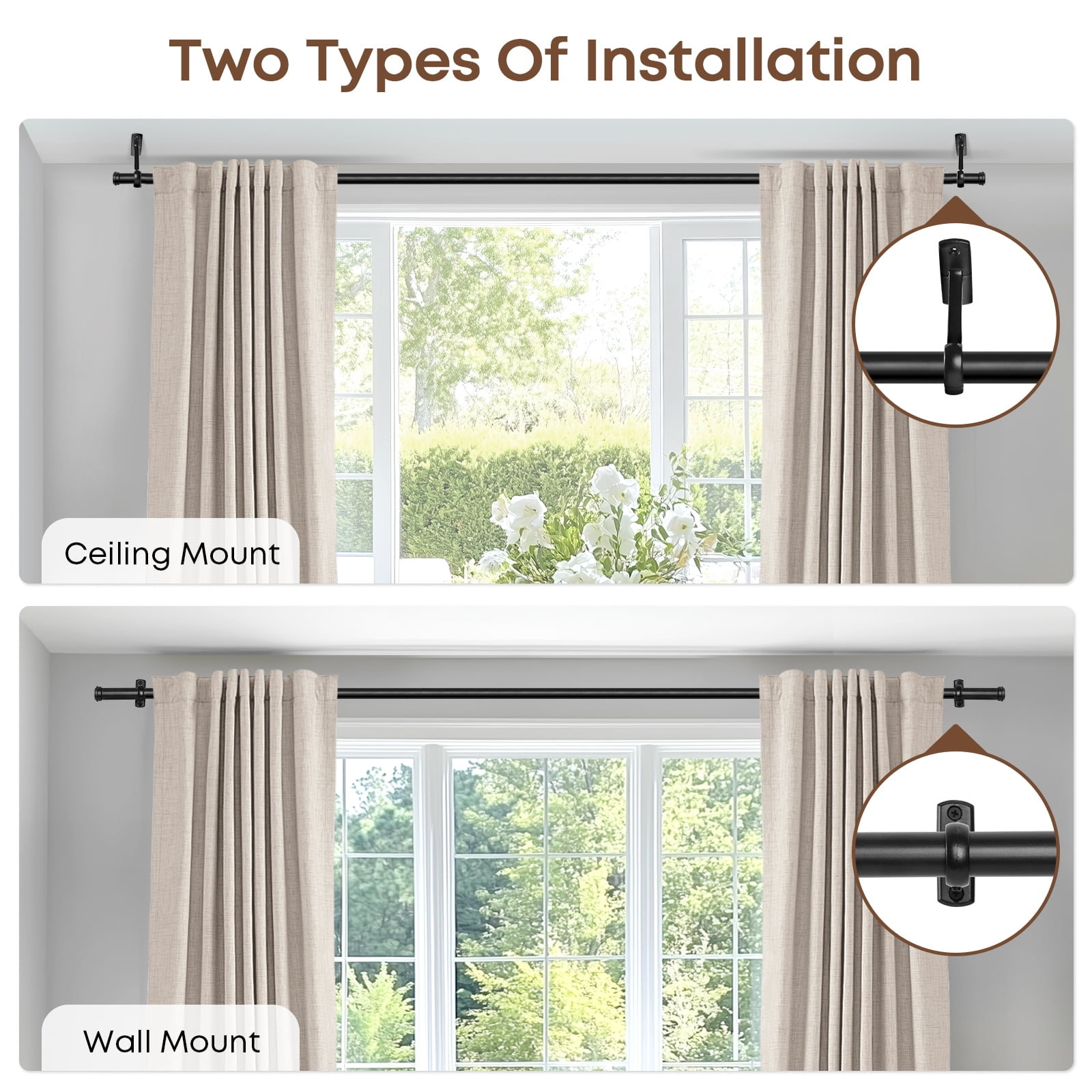 Rose Home Fashion 1 Inch Black Adjustable Curtain Rods Windows Outdoor for Patio Wall & Ceiling Mount, 48" - 86"