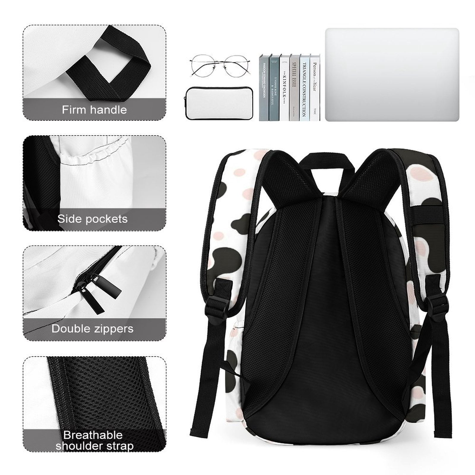 Large Capacity Half Print Backpack 11.8×16.5×5.9in Multifunctional Zipper Design Convenient Switch Simple Cow-print Pattern1_1