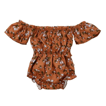 

One opening Baby Girl s Flower Print Jumpsuit Elastic Off Shoulder Short Sleeve Short Pants Romper with Belt