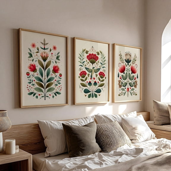 Red Floral Folk Art Scandinavian Botanical Vintage Wall Art Set 3 Unframed Paper Print 8x12