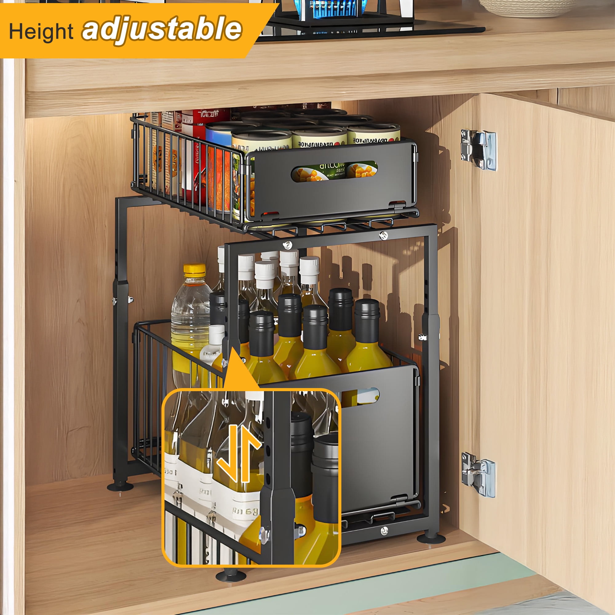 Storvive 2-Tier Under Sink Organizer, Carbon Steel Pull Out Cabinet Drawer, No-Drill Slide Out Storage for Kitchen Pantry Bathroom