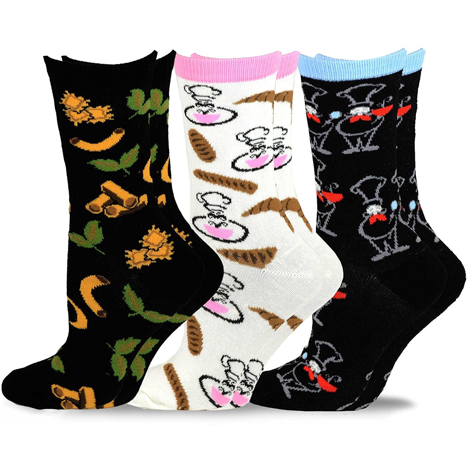 TeeHee Women's Foods Crew Socks 3Pack (Chef and Pasta Noodle