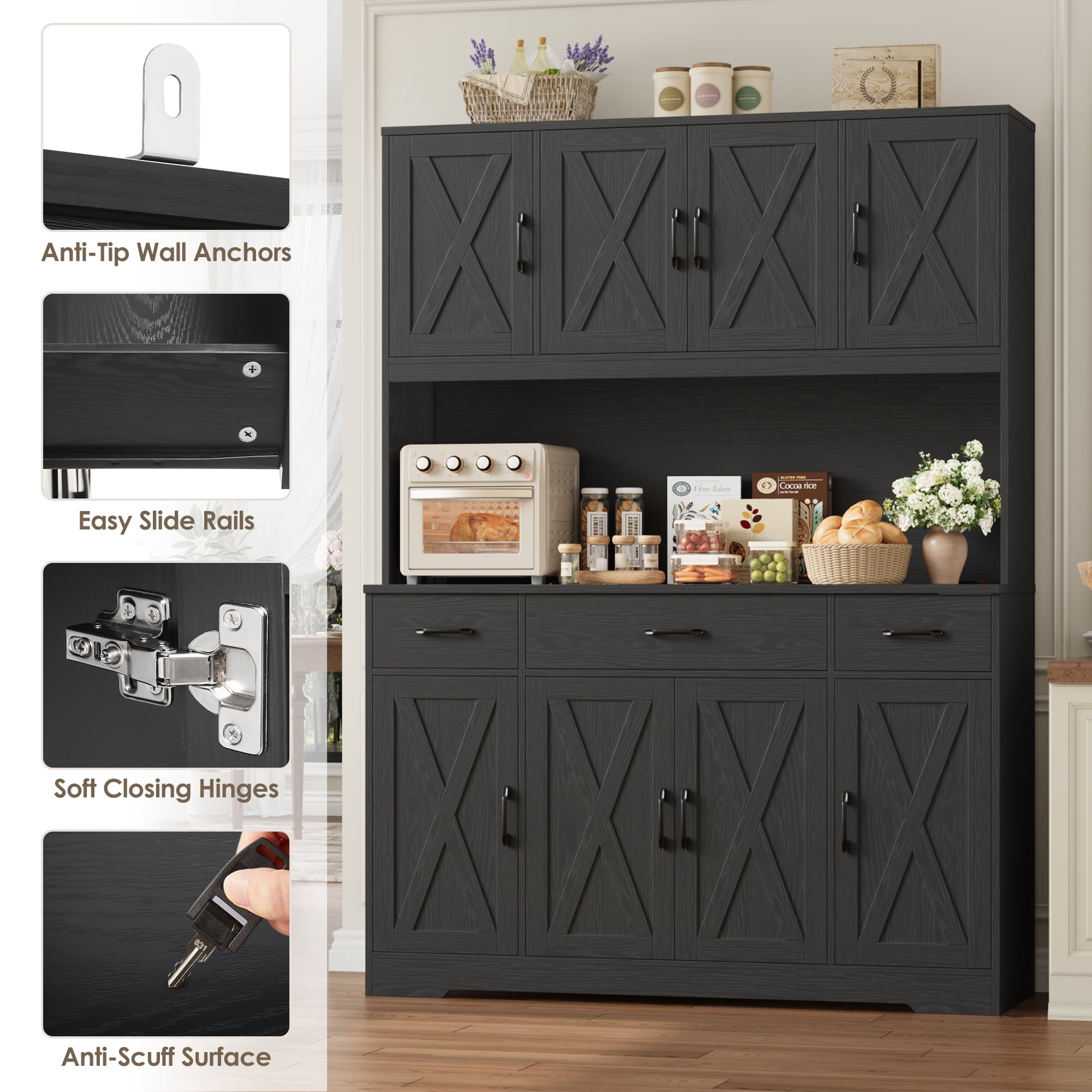 Homfa Kitchen Pantry with Hutch and Drawers, 71" Tall Storage Cabinet with 55" Wide Countertop and Built-In Power Outlet, Farmhouse Coffee Bar for Dining Room, Black Bark Grain