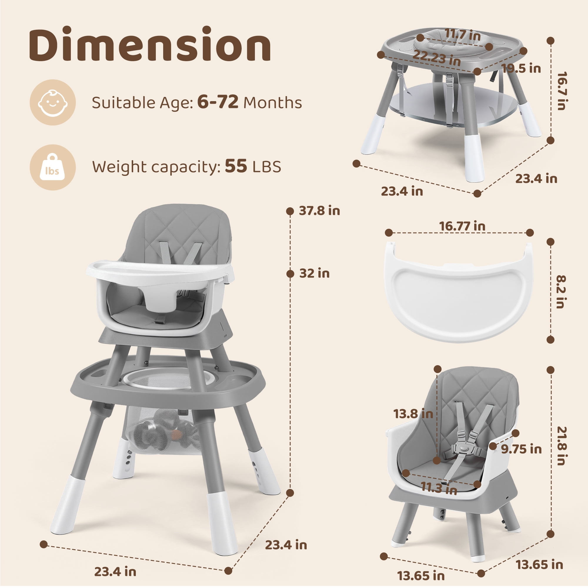 AILEEKISS 15-in-1 Baby High Chair, Toddler Dining Booster Seat with Activity Center, Grey