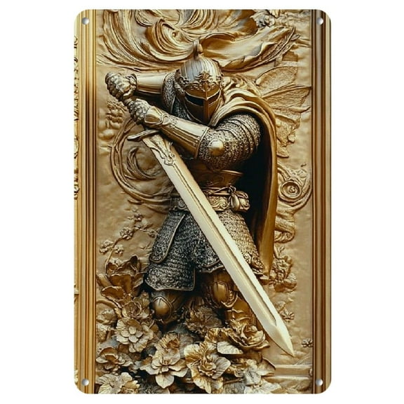2D Golden Samurai Sword Iron Wall Art - 8"X12" Square Metal Sign For Home, Living Room, Farmhouse Decor | Versatile Hanging Wreath Plaque For Bar & Restaurant
