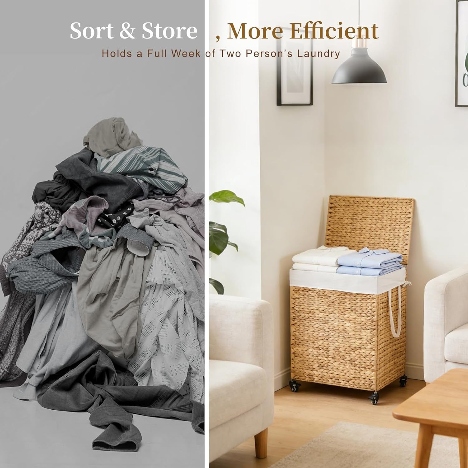Casa Pura Furniture 2-Section Laundry Hamper with Lid, Water Hyacinth Woven Laundry Sorter with Removable Liners, Rolling or Non-Slip Design