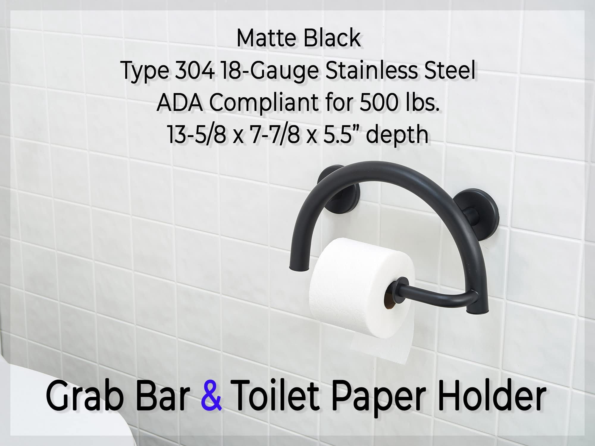 Grab Bar Toilet Paper Holder - Bathroom Safety Aid ADA/304 Stainless Steel/Matte Black/ 13" x 8"