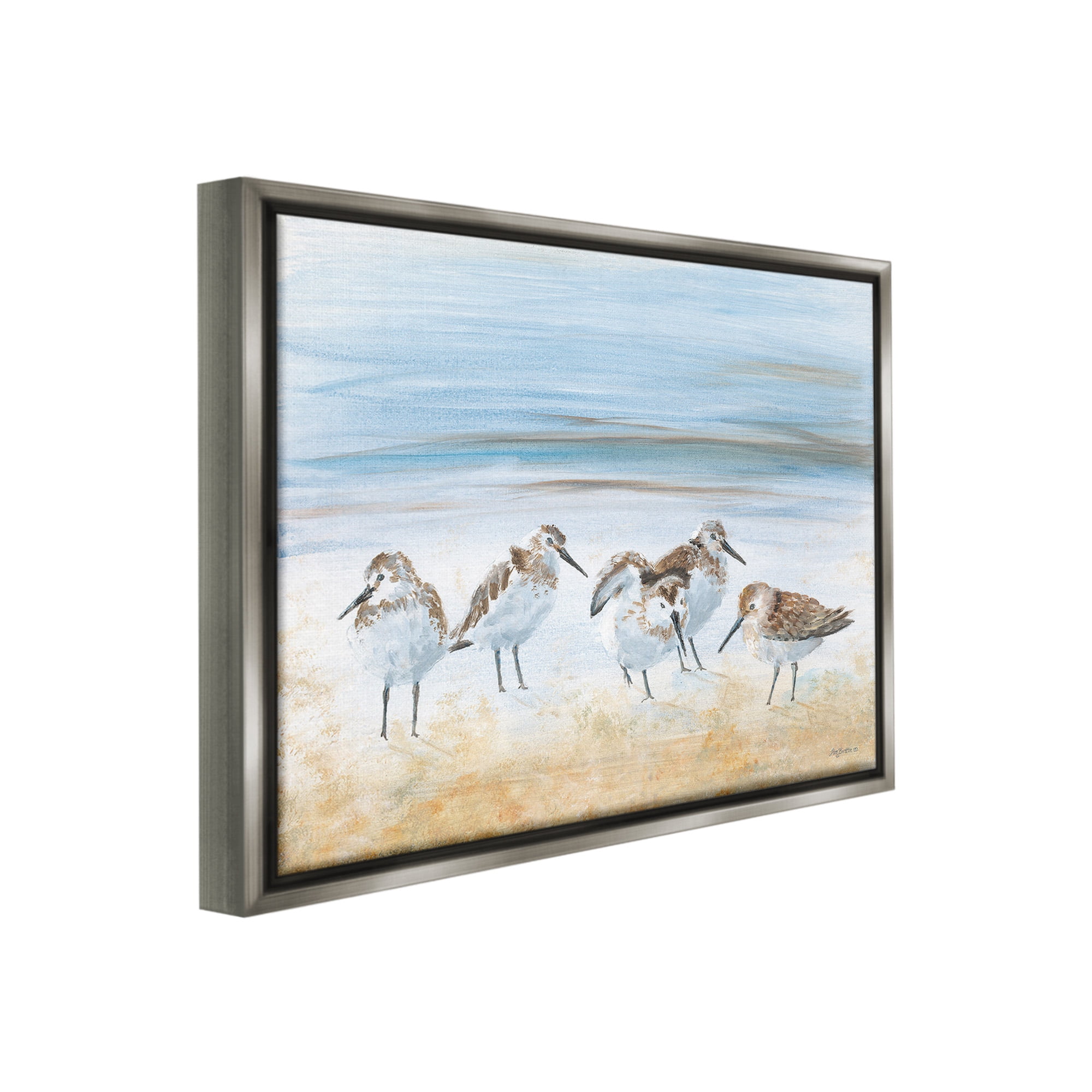 Stupell Industries Summer Sandpipers on Shore Animals & Insects Painting Gray Floater Framed Canvas Art Print Wall Art, 21 x 17