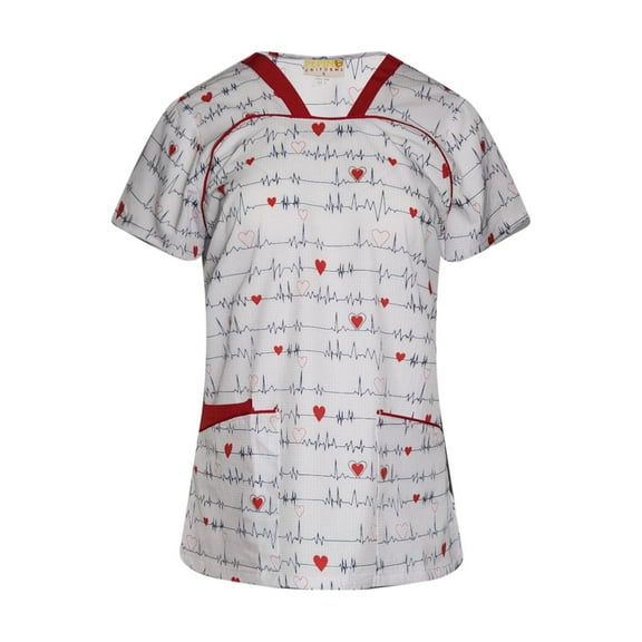 Pepino Uniforms Printed Red EKG Piping V-Neck Scrub Top