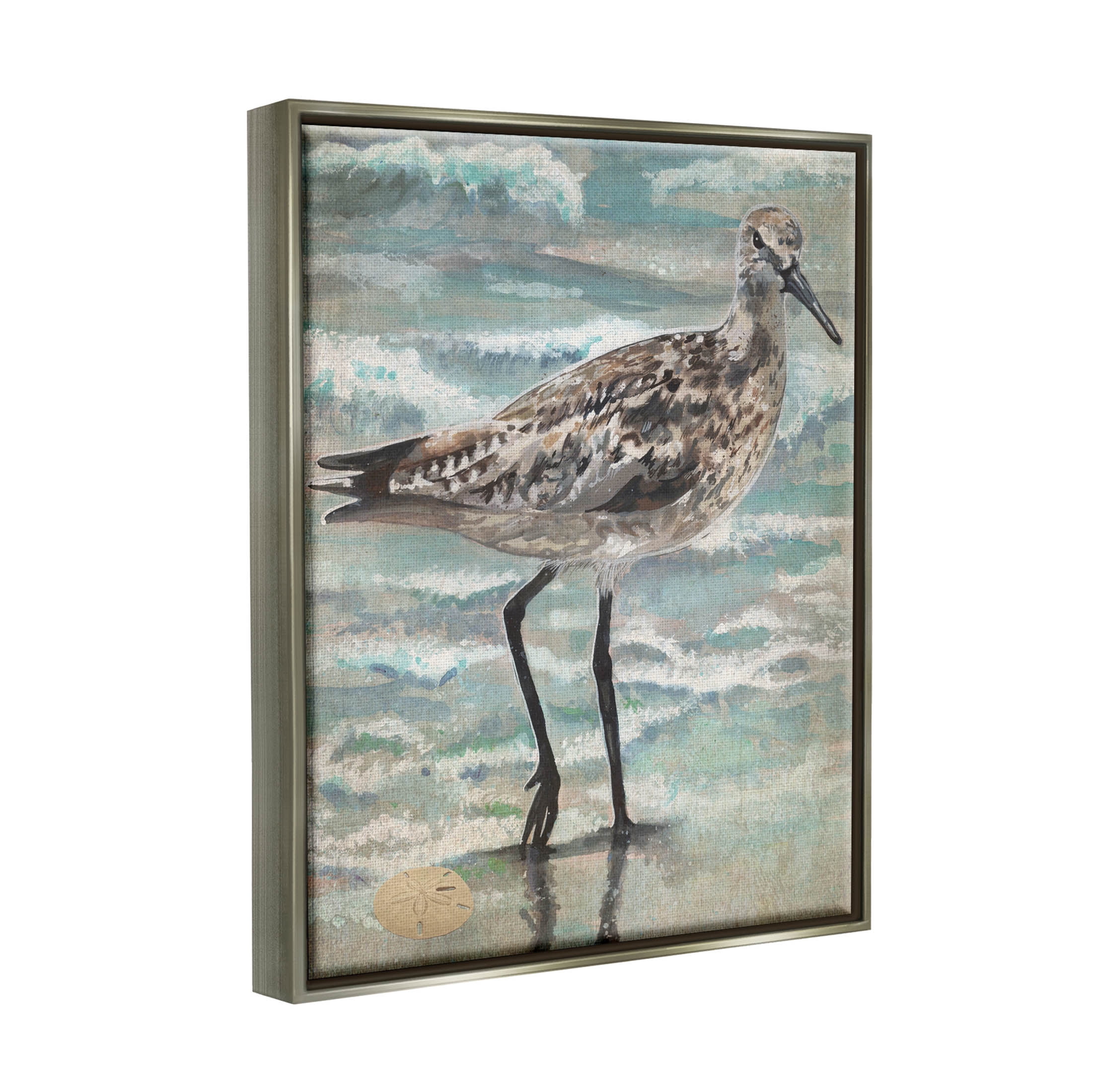 Stupell Industries Sandpiper Stepping Beach Coast Painting Luster Gray Floating Framed Canvas Print Wall Art, Design by Erica Christopher