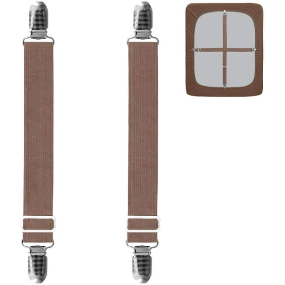 2Pcs Adjustable Sofa Slipcover Straps Clips,50inch， Elastic Bed Mattress Sheet Fasteners Holder and Suspenders, Grippers to Hold Sheet, Mattress Cover, Couch Cushion, Table Cloth (Brown)